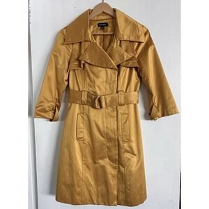 Vintage Bebe Y2K Gold Yellow Satin Trench Coat Jacket Belted 3/4 Sleeve Size XS